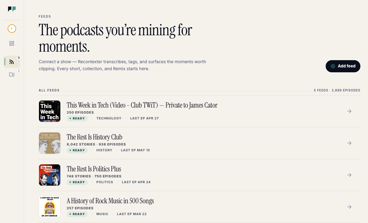 Recontexter feeds list — connected podcasts with story and episode counts