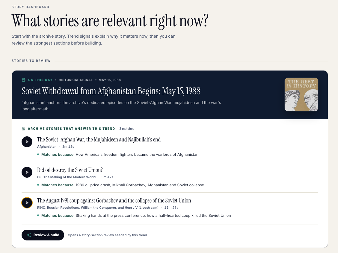Recontexter dashboard with a trend banner card and three matched archive stories